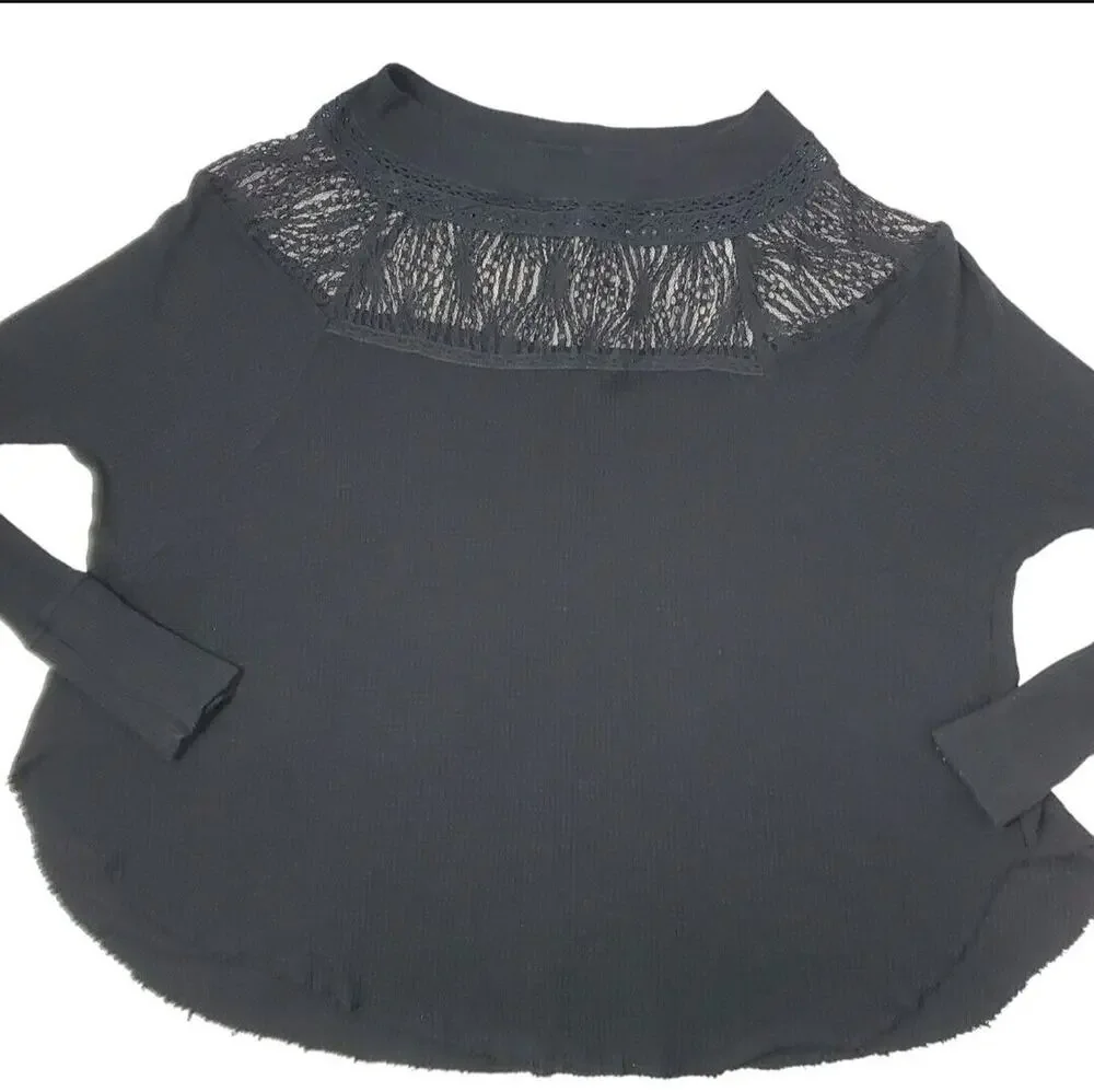 Free People Top M Spring Valley Thermal Black Lace Waffle Knit Womens Shirt
